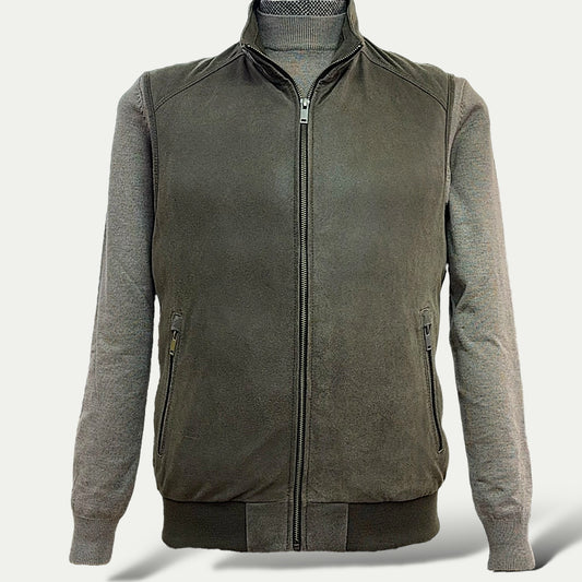 Veste en cuir suédé marron foncé avec manches en laine grise - Diego Napoli