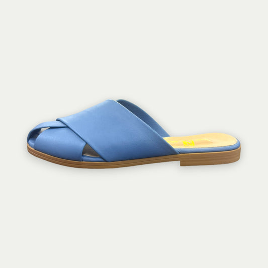 SANDALES MULES EN CUIR BLEU PLATES